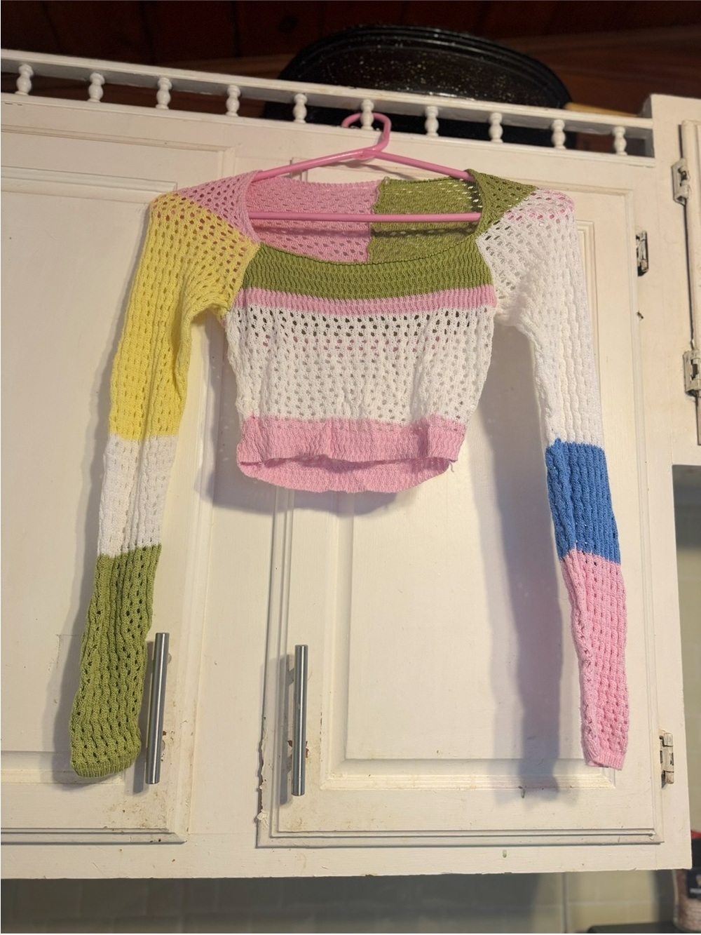Women’s Colorblock Open-Knit Cropped Sweater - Pink, White, Green, Yellow, Blue